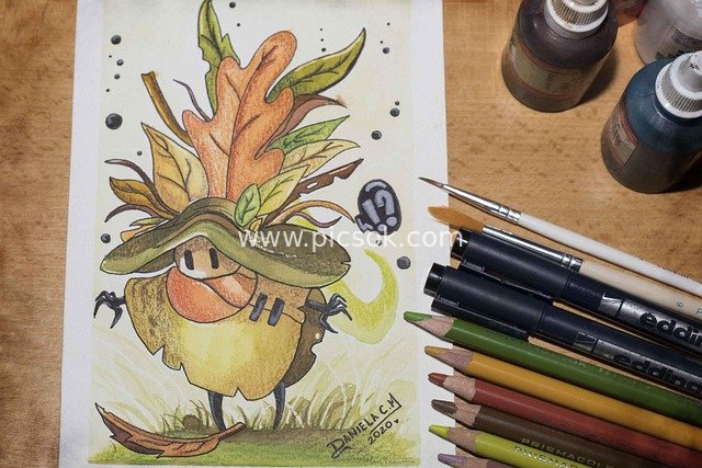 创意水彩插画 手绘拟人植物角色与绘画工具