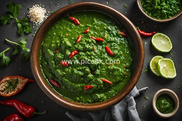 自制绿色香料酱 新鲜食材与辣椒特写