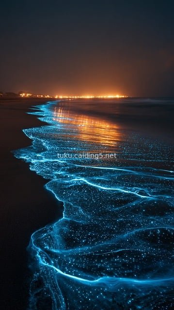 夜晚荧光海滩 蓝色生物发光海浪梦幻夜景