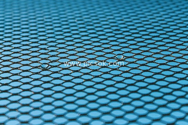 Blue Geometric Grid Texture with Water Droplets: Perspective Background Material