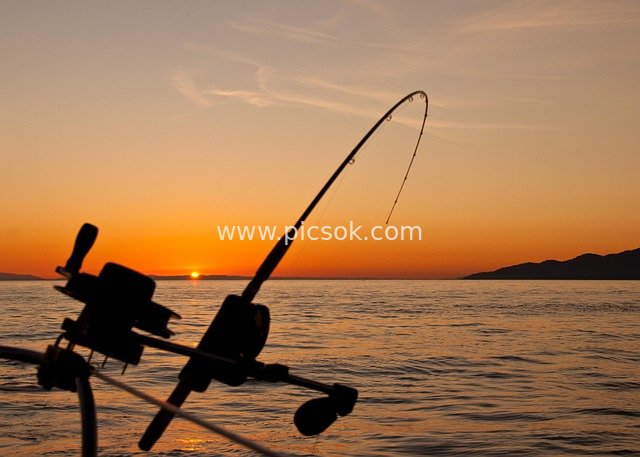 Fishing Silhouette Over Sunset Sea - Angling Scene with Tackle Under the Evening Sun