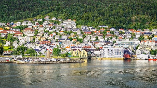 Colorful Town by Norwegian Fjord: Stunning Scenery Surrounded by Forested Mountains