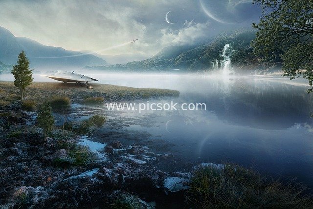 Sci-Fi Spaceship Amid Fantasy Landscapes - Dreamy Natural Scenery Material