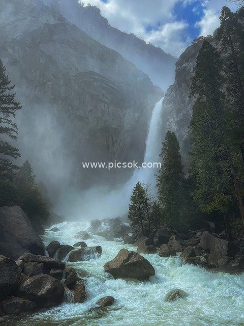 Magnificent Natural Landscape of Mountain Waterfalls and Rushing Rivers