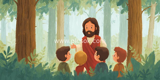 Jesus with Children in the Forest: A Serene Christian Sacred Illustration