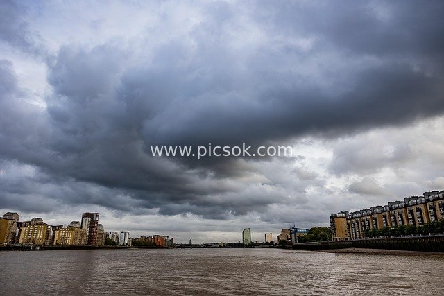 river, sky, clouds, thames, england, city, landmark, uk, docklands, london