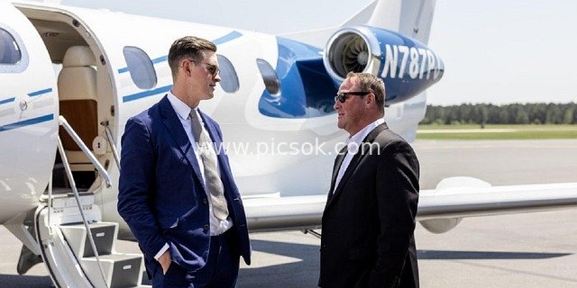 Business Professionals Discussing Work by a Private Jet