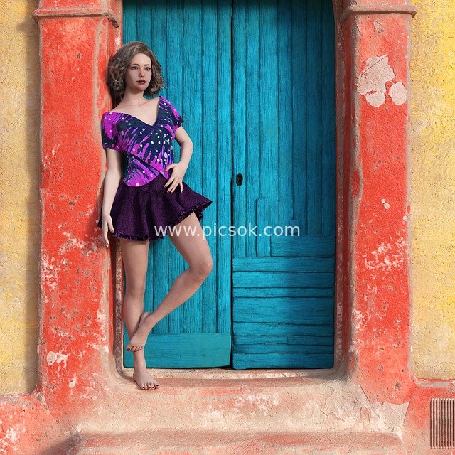 Barefoot Woman at Mediterranean Blue Door | Summer Fashion Architectural Portrait
