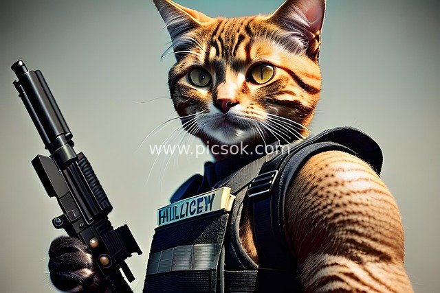 拟人化猫咪警察持枪 创意军事风动物图