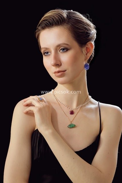 Elegant Woman Wearing Wedding-Style Jewelry: Colorful Jewelry Showcase