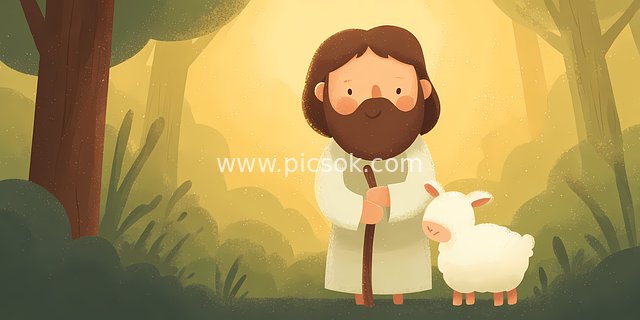 Jesus and the Lamb: Peaceful Faith Illustration in Forest Morning Light