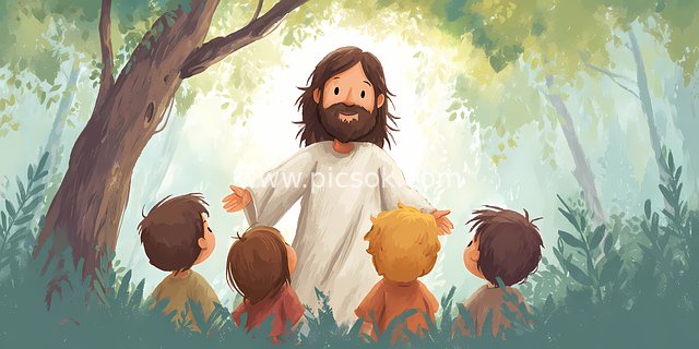 Jesus with Children in the Forest: A Sacred and Serene Faith Scene