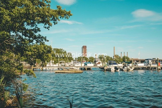 Boston Summer Harbor View with Blue Waters, Clear Skies and Moored Yachts
