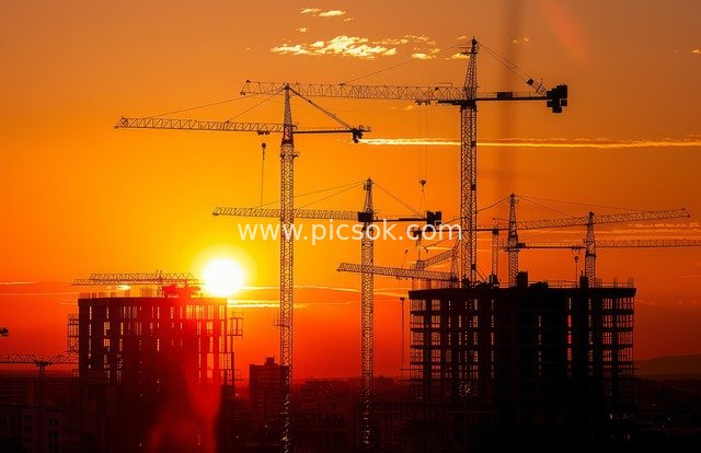 Construction Site at Dusk: Tower Cranes and Silhouetted Building Work Against Sunset Glow