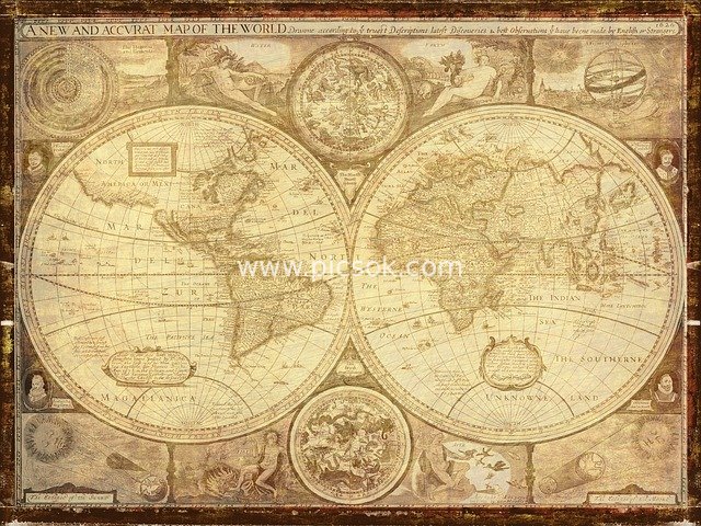 Vintage Dual-Hemisphere World Map & Nostalgic Old Nautical Chart Material