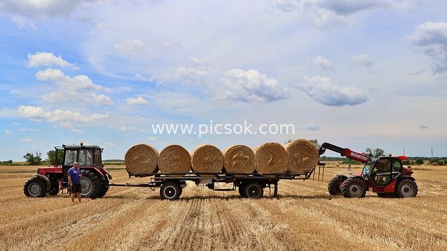 农业机械化作业：拖拉机拉草捆 装载机协作收获