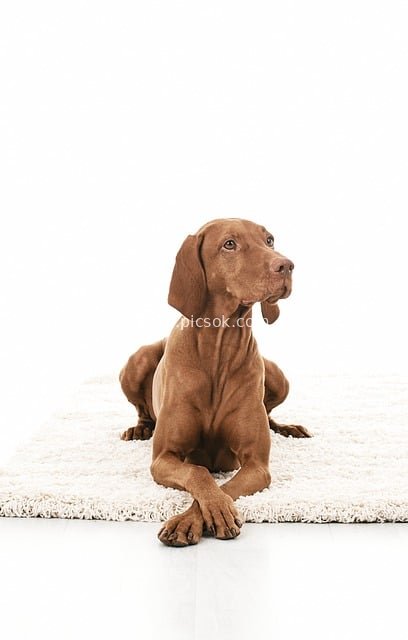 Elegant Brown Vizsla Resting on White Fluffy Carpet – Pet Portrait