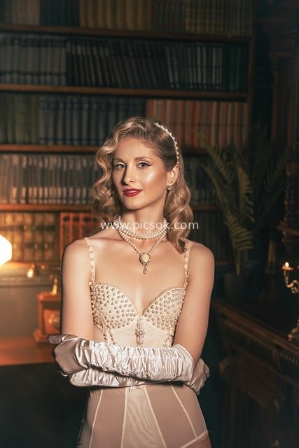 Vintage Elegant Girl Evening Gown Portrait: Classic Fashion Photography