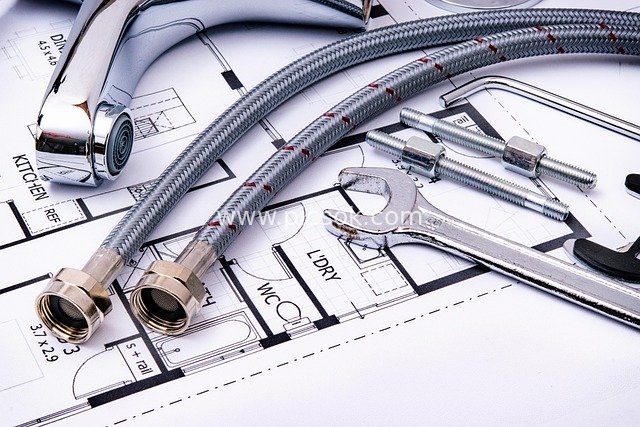 Plumbing Repair Tools and Architectural Construction Floor Plan