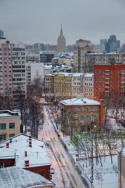 Moscow Winter City Snow Scene: Diverse Architecture and Snow-Covered Streets