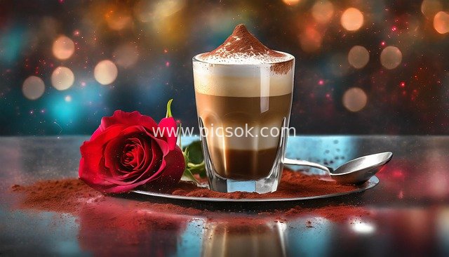 Romantic Roses & Latte Macchiato - Dreamy Bokeh Coffee Beverage Image