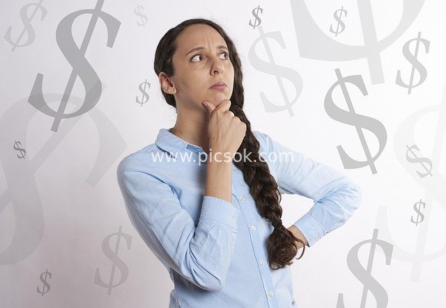 Woman Contemplating Money with Dollar Sign Background