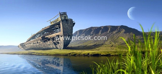 Giant Shipwreck & Fantastical Reflections of Crescent Moon, Mountains and Water