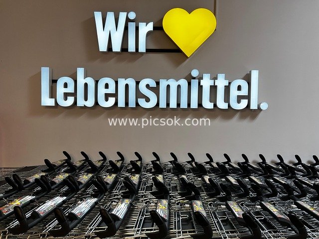 German Edeka Supermarket Shopping Carts and 'We Love Food' Signage