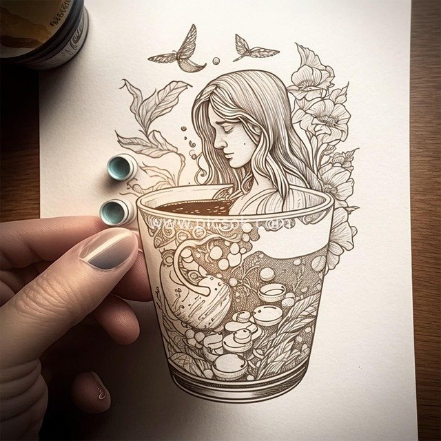 Dreamy Line Art: Illustration of a Woman, Flowers, Plants & Butterflies in a Teacup
