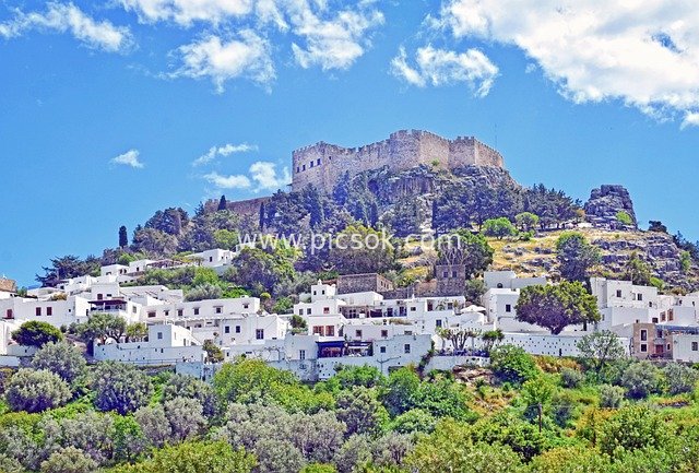 Scenery of Lindos Castle and White Villages in Rhodes, Greece
