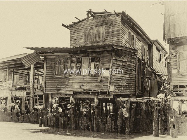 Abandoned Old Wooden House - Monochrome Historic Dilapidated Building Scene