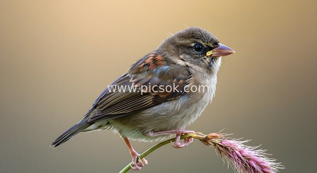 Spring Sparrow Perched on Pink Flower Spikes: Fresh Natural Bird Material
