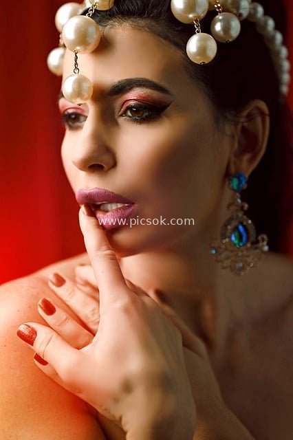 Pearl Headpiece with Gemstone Earrings: Exquisite Women's Fashion Portrait