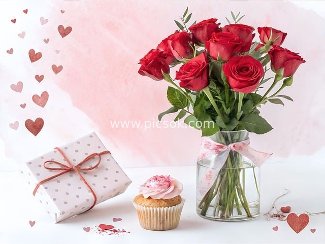 Valentine's Day Red Rose Romantic Arrangement, Gift & Cupcake Heart Ambiance Materials