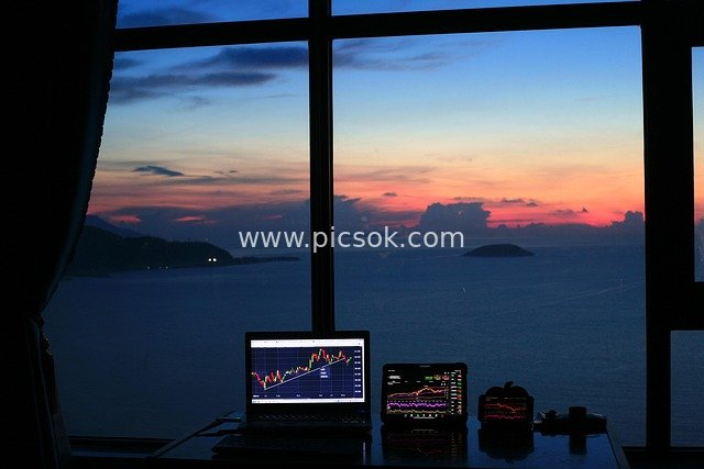Stock Investment and Trading Office Scene at Seaside Sunset