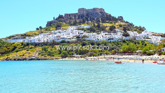 Scenery of Lindos Beach and Castle in Rhodes, Greece