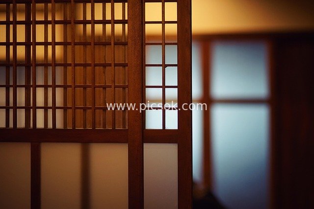 Traditional Japanese Wooden Screen in Retro Interior Architectural Scene