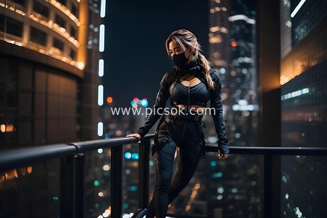 AI-Generated Cyber Female Warrior | Sci-Fi Character Material with Urban Nightscape