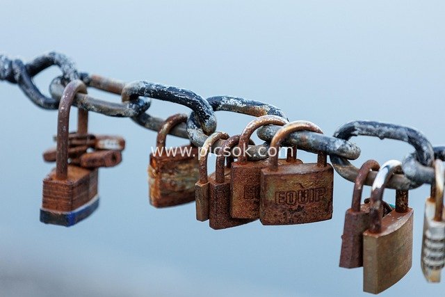 Close-Up of Vintage Love Locks with Rust on Chains