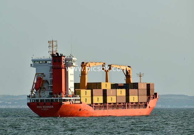 Red Container Ship Sailing on the Blue Ocean
