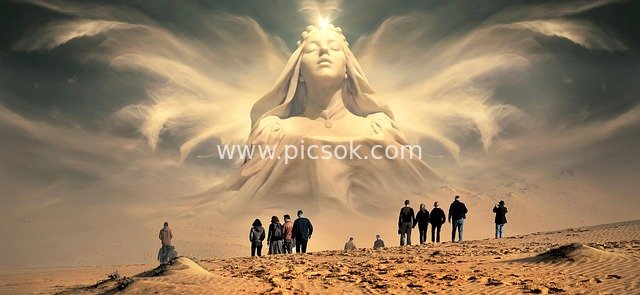 沙漠中神圣天使雕像 神秘奇迹信仰场景