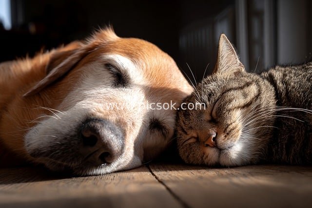 Intimate Cat & Dog Companions Sleeping Together: Healing Moments on Home Wooden Floors