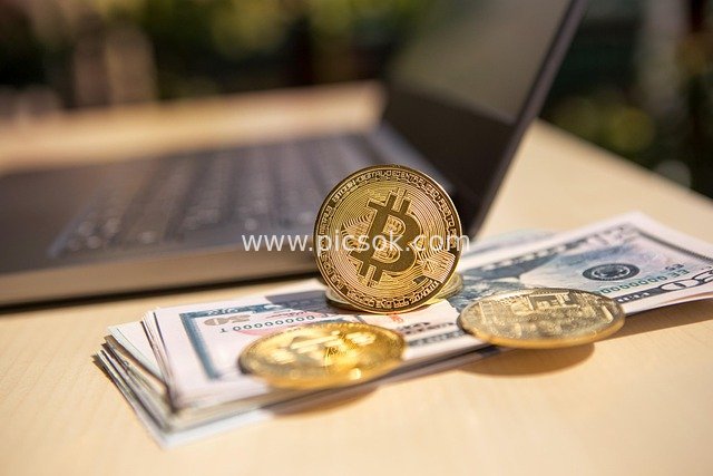 Bitcoin Coins and US Dollar Bills - Fintech Scene Image