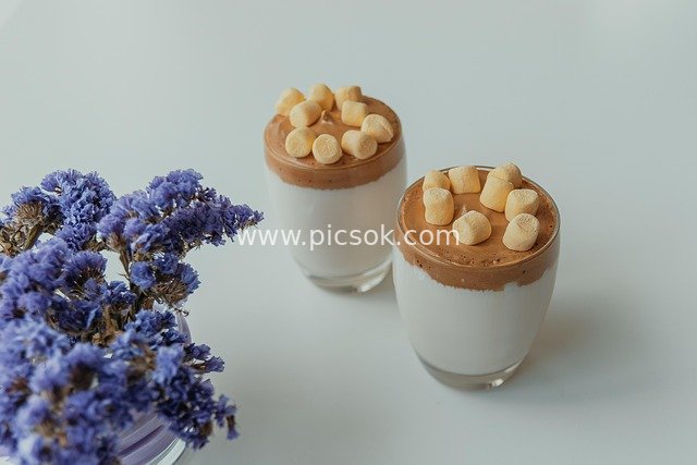 Exquisite Coffee Drinks with Marshmallows & Romantic Purple Flower Bouquet