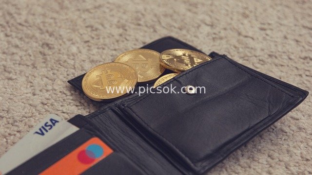 Close-up of Bitcoin Coins and Visa Credit Card in a Black Wallet