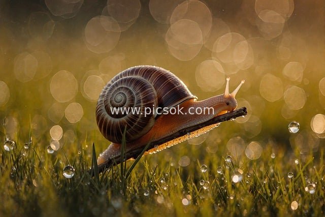 Macro Close-Up of a Snail in Dewy Meadow at Golden Hour – Natural Beauty