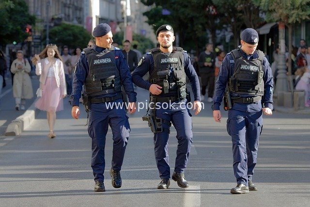 Urban Street Police Patrol: Security and Pedestrian Life Scenes