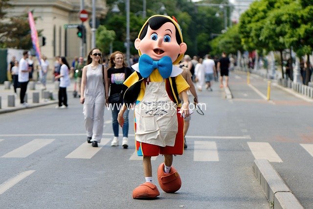 Pinocchio Cartoon Mascot Strolling on City Street: Joyful Urban Scene