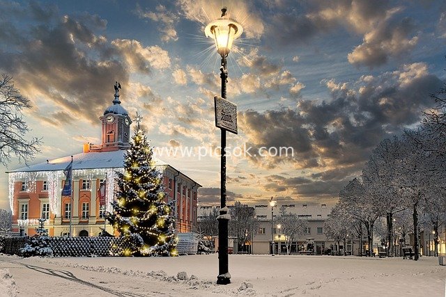 特姆林冬季市政厅广场圣诞雪景浪漫夜景