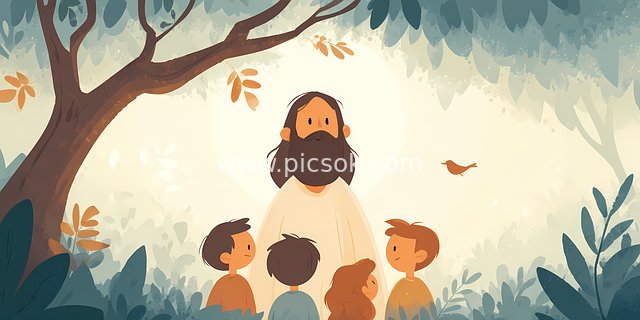 Jesus Gathering with Children in the Forest - A Serene and Sacred Christian Scene